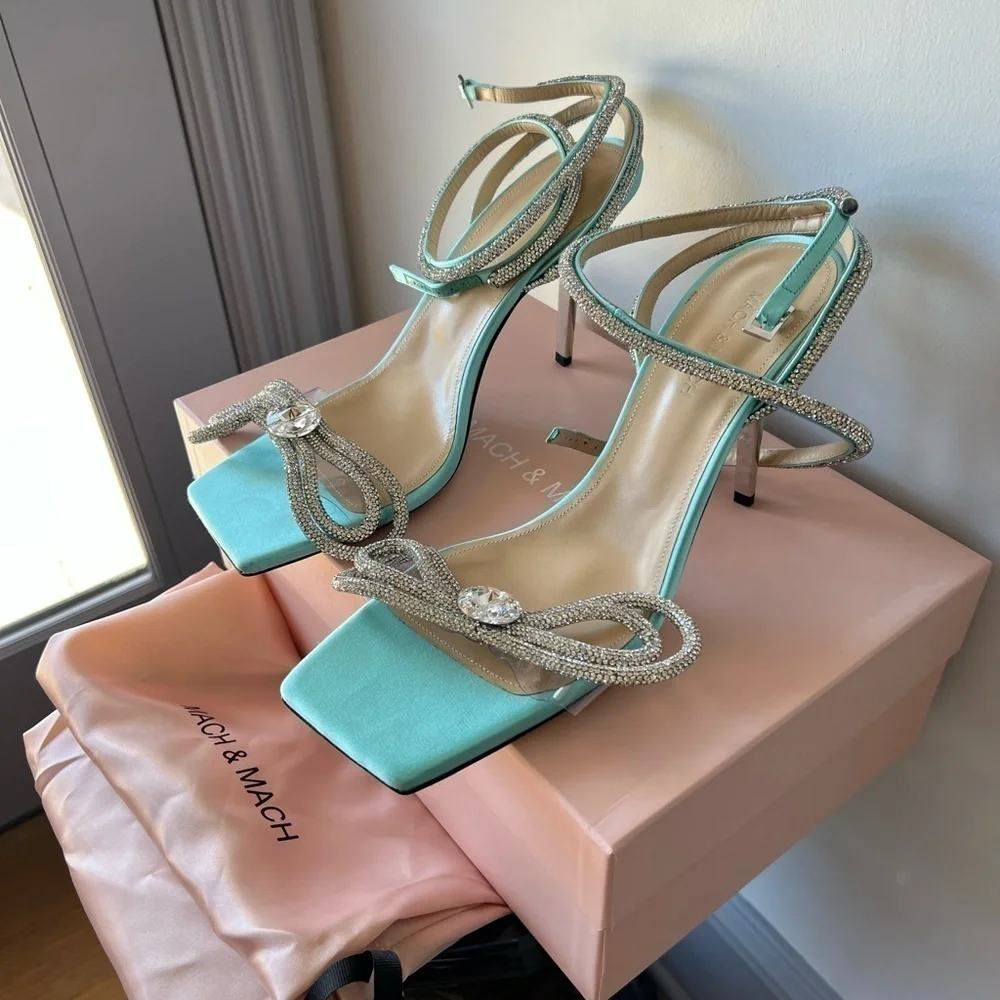 MACH & MACH Double Crystal Bow Square Toe Sandal Mint - Picture 7 of 14